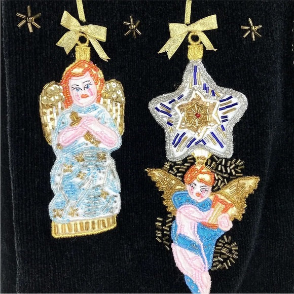 Christopher Radko BellPointe Womens Ugly Christmas Sweater M Black Beaded Angels - Picture 3 of 11